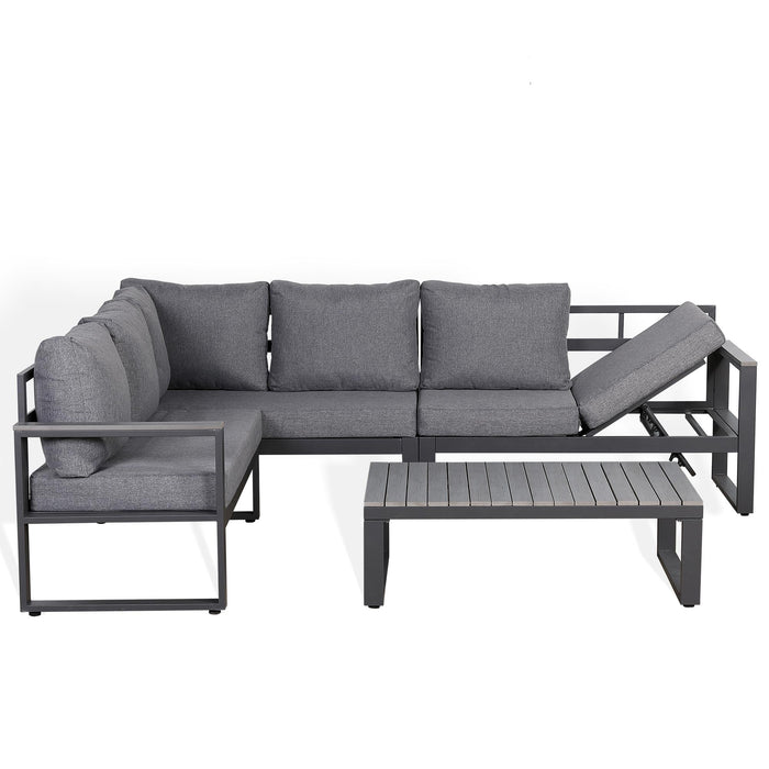 Dune Left-Hand Corner Sofa Set – Charcoal Powder-Coated Aluminium Frame with Grey Cushions | 6-Seater - Abode Avenue