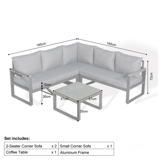 Dune Square Corner Sofa Set – Charcoal Powder-Coated Aluminium Frame with Grey Cushions| 5-Seater L-Shaped, PS Wood Armrests & Coffee Table - Abode Avenue