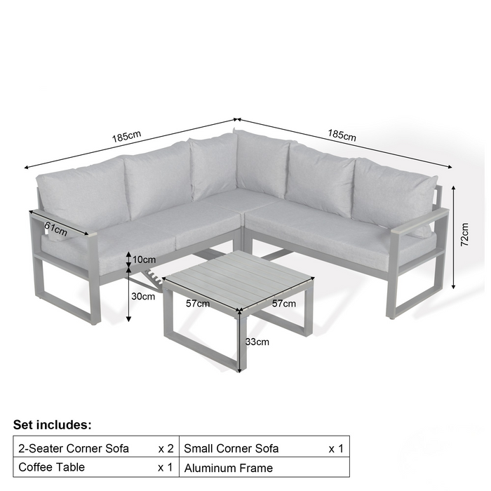 Dune Square Corner Sofa Set – Charcoal Powder-Coated Aluminium Frame with Grey Cushions| 5-Seater L-Shaped, PS Wood Armrests & Coffee Table - Abode Avenue