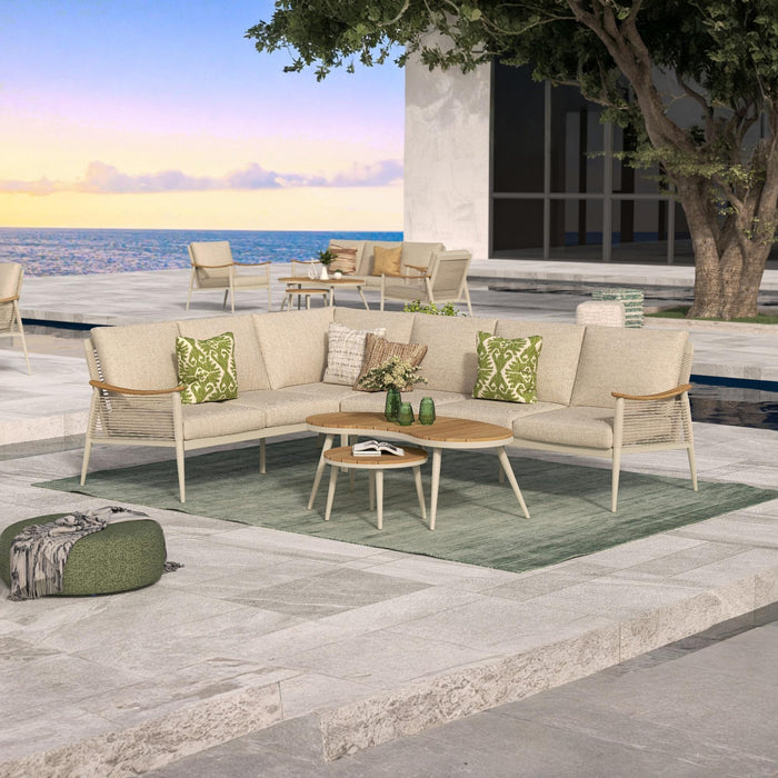 Berne Range Champagne Aluminium Corner Sofa Set with Wood-Top Coffee Tables - Abode Avenue