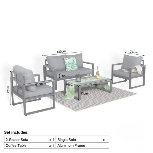 Dune Large Sofa Set – Charcoal Powder-Coated Aluminium Frame with Grey Cushions | 4-Seater (2+1+1) with PS Wood Coffee Table - Abode Avenue