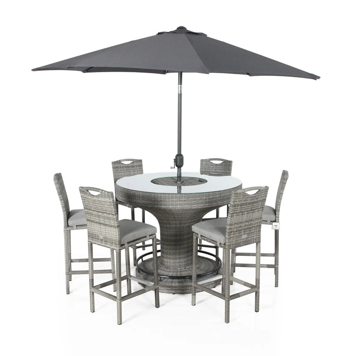 Cambridge Aluminium Frame Round Bar Set – Stone Browne Grey PE Rattan, 6-Seater with Ice Bucket & Parasol Hole - Abode Avenue