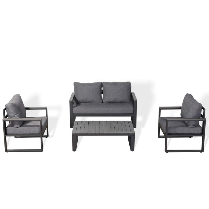 Dune Large Sofa Set – Charcoal Powder-Coated Aluminium Frame with Grey Cushions | 4-Seater (2+1+1) with PS Wood Coffee Table - Abode Avenue