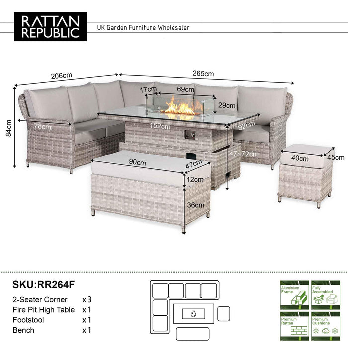 Havana Range High Back Left Hand Corner Outdoor Sofa Set with Fire Pit Rising Table – Modular Rattan Garden Furniture