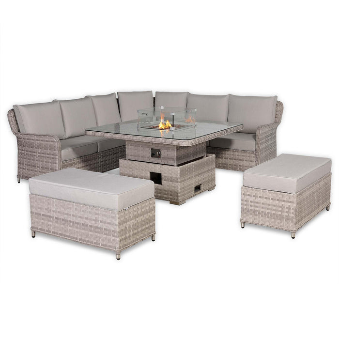 Havana Range Round Corner Outdoor Sofa Set with Fire Pit Rising Table – Modular Rattan Garden Furniture