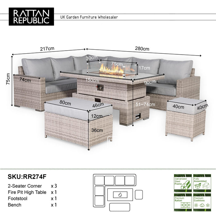 Aurora Range High Back Left Hand Corner Sofa Set with Fire Pit Adjustable Table - Abode Avenue