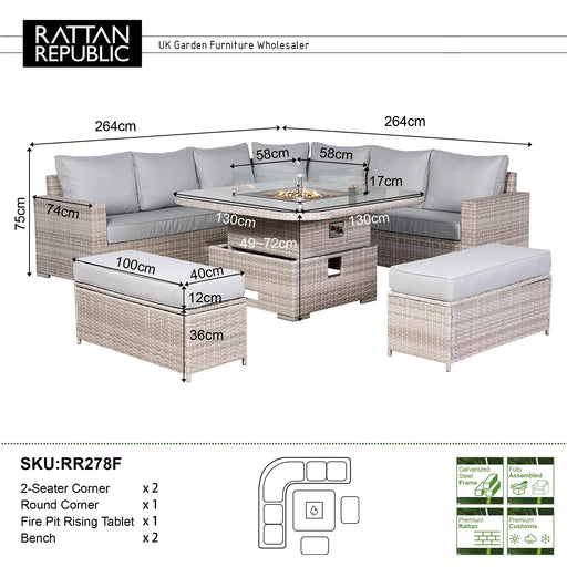 Aurora Range Large Round Corner Sofa Set with Fire Pit Adjustable Table - Abode Avenue