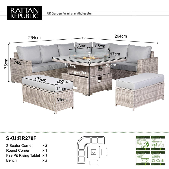 Aurora Range Large Round Corner Sofa Set with Fire Pit Adjustable Table - Abode Avenue