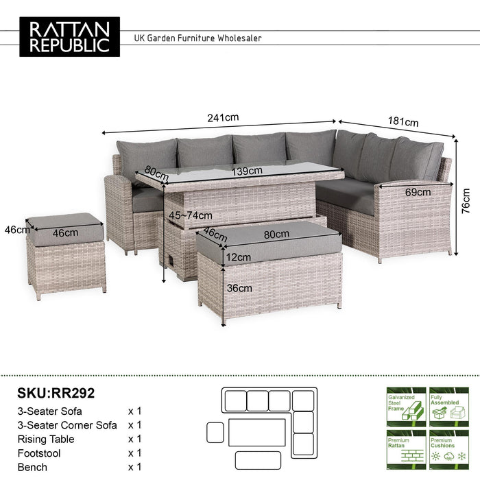 Sloane Range Right Hand Corner Sofa Set with Adjustable Rising Table in Beige Grey OR Dark Grey OR Light GreyWeave - Abode Avenue