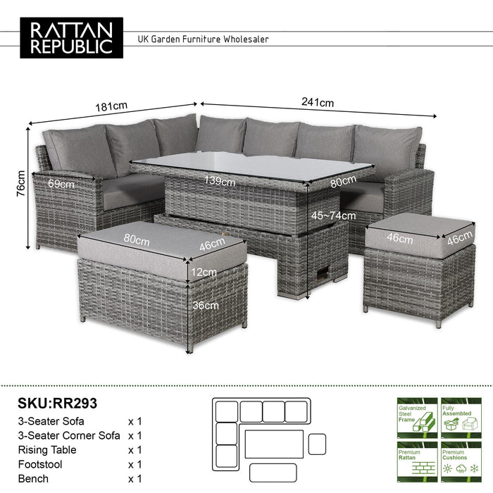 Sloane Range Left Hand Corner Sofa Set with Rising Table in Beige Grey OR Dark Grey OR Light Grey Weave - Abode Avenue