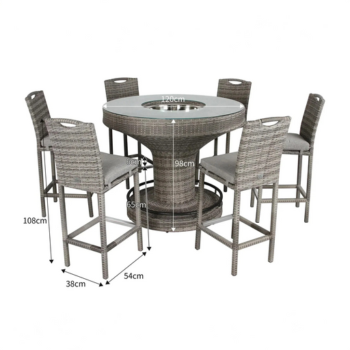 Cambridge Aluminium Frame Round Bar Set – Stone Browne Grey PE Rattan, 6-Seater with Ice Bucket & Parasol Hole - Abode Avenue