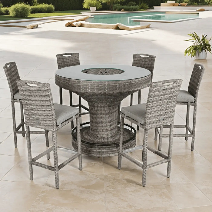 Cambridge Aluminium Frame Round Bar Set – Stone Browne Grey PE Rattan, 6-Seater with Ice Bucket & Parasol Hole - Abode Avenue