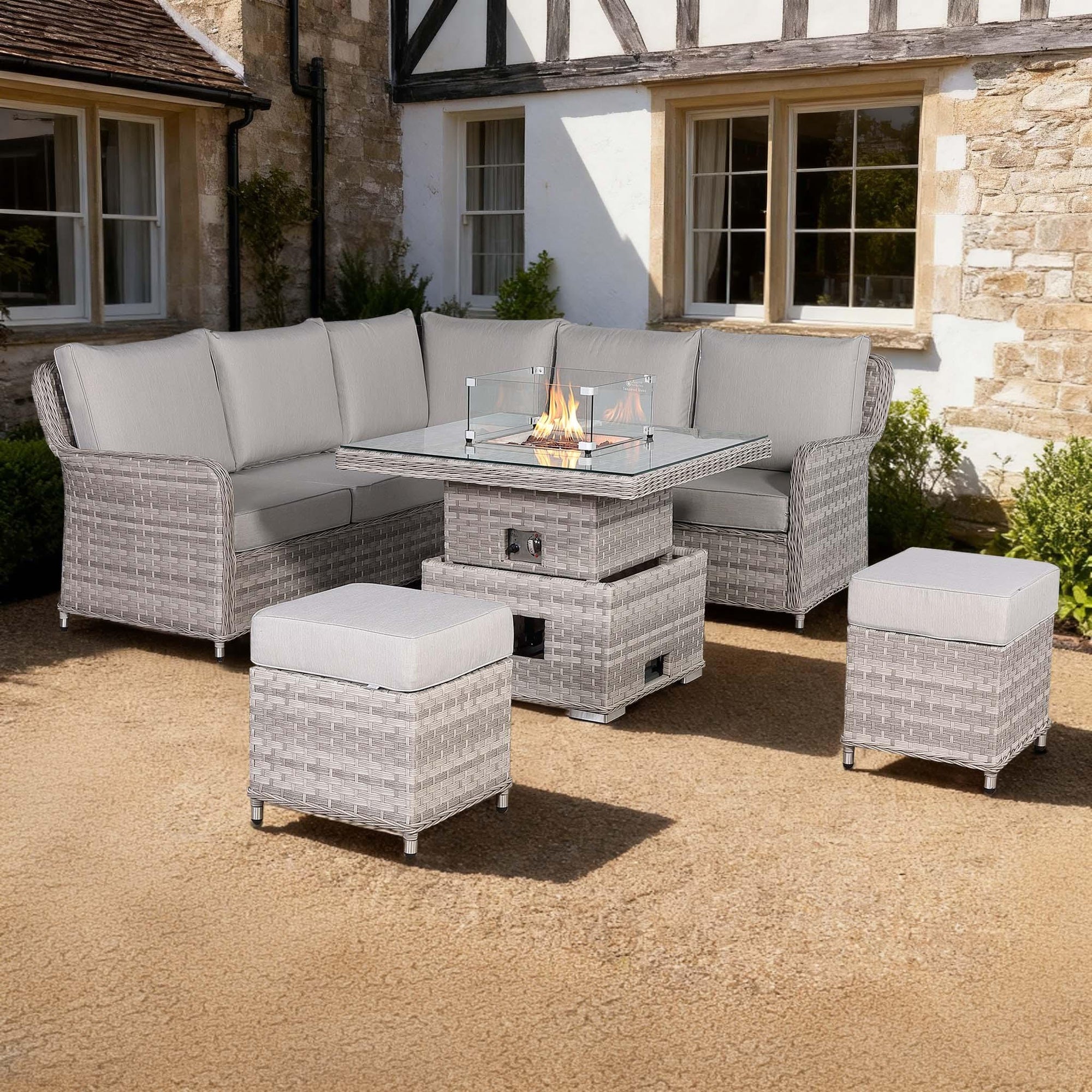 Havana Range Square Corner Outdoor Sofa Set with Built-In Fire Pit – Modular Rattan & Aluminium Garden Furniture - Abode Avenue