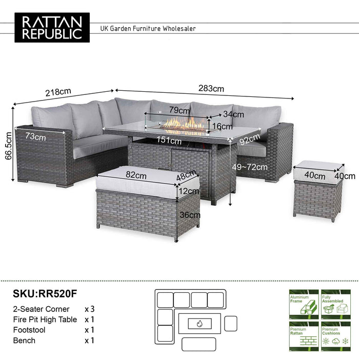 Catalina Range Modular Rattan Corner Sofa Set with Adjustable Rising Table or Gas Fire Pit Table - Abode Avenue