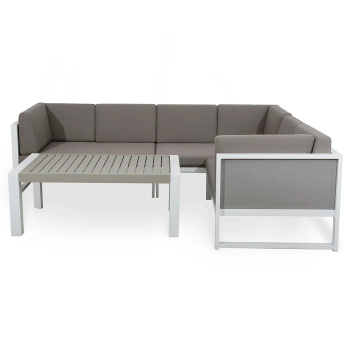 Roma Right Hand Corner Sofa Set – White Powder-Coated Aluminium Frame with Grey Cushions - Abode Avenue