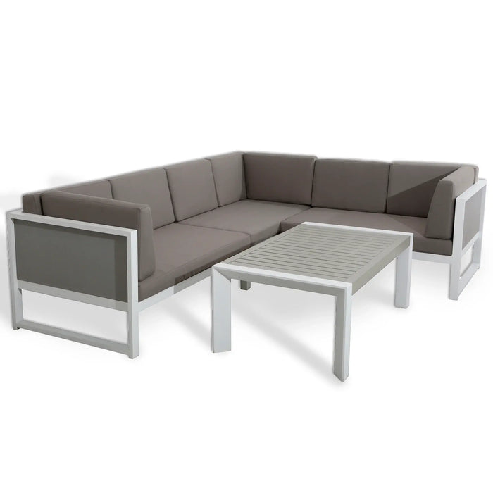 Roma Right Hand Corner Sofa Set – White Powder-Coated Aluminium Frame with Grey Cushions - Abode Avenue