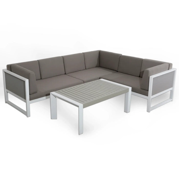 Roma Right Hand Corner Sofa Set – White Powder-Coated Aluminium Frame with Grey Cushions - Abode Avenue