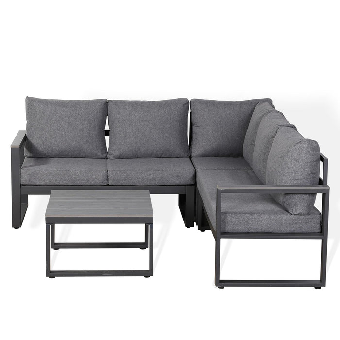 Dune Square Corner Sofa Set – Charcoal Powder-Coated Aluminium Frame with Grey Cushions| 5-Seater L-Shaped, PS Wood Armrests & Coffee Table - Abode Avenue