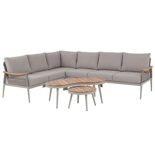 Berne Range Champagne Aluminium Corner Sofa Set with Wood-Top Coffee Tables - Abode Avenue