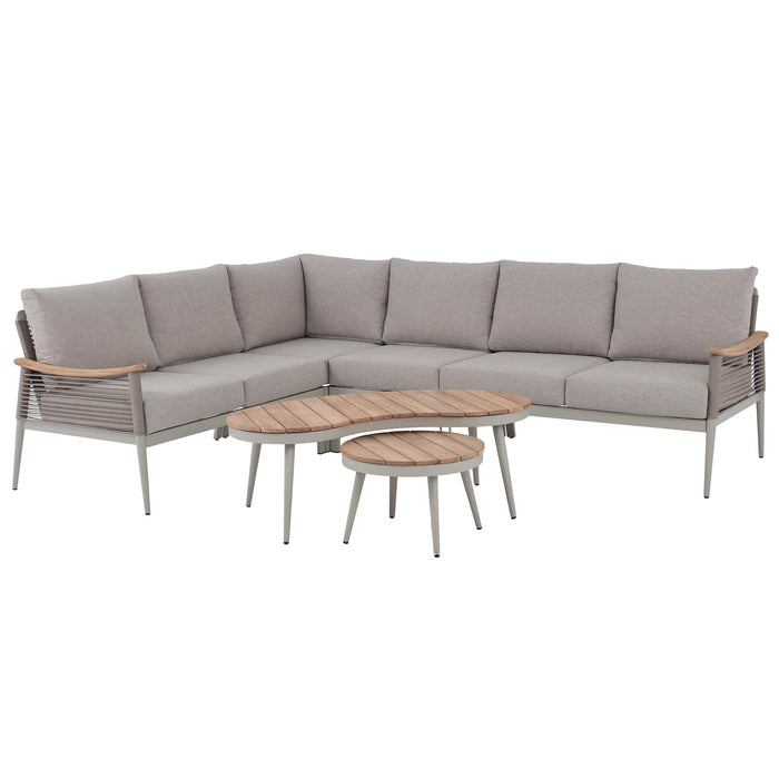 Berne Range Champagne Aluminium Corner Sofa Set with Wood-Top Coffee Tables - Abode Avenue