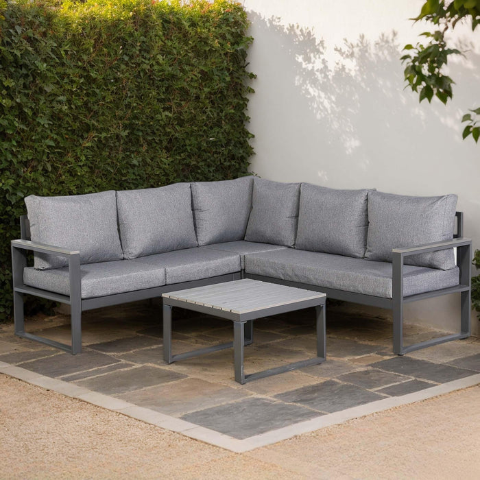 Dune Square Corner Sofa Set – Charcoal Powder-Coated Aluminium Frame with Grey Cushions| 5-Seater L-Shaped, PS Wood Armrests & Coffee Table - Abode Avenue