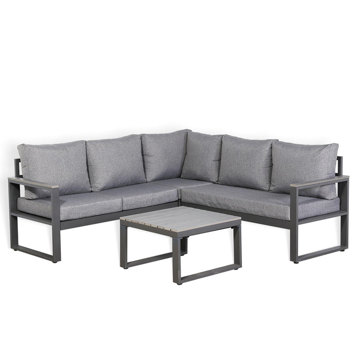 Dune Square Corner Sofa Set – Charcoal Powder-Coated Aluminium Frame with Grey Cushions| 5-Seater L-Shaped, PS Wood Armrests & Coffee Table - Abode Avenue
