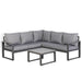 Dune Square Corner Sofa Set – Charcoal Powder-Coated Aluminium Frame with Grey Cushions| 5-Seater L-Shaped, PS Wood Armrests & Coffee Table - Abode Avenue