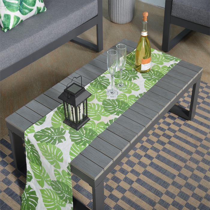 Dune Large Sofa Set – Charcoal Powder-Coated Aluminium Frame with Grey Cushions | 4-Seater (2+1+1) with PS Wood Coffee Table - Abode Avenue