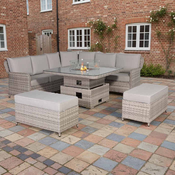 Havana Range Round Corner Outdoor Sofa Set with Fire Pit Rising Table – Modular Rattan Garden Furniture