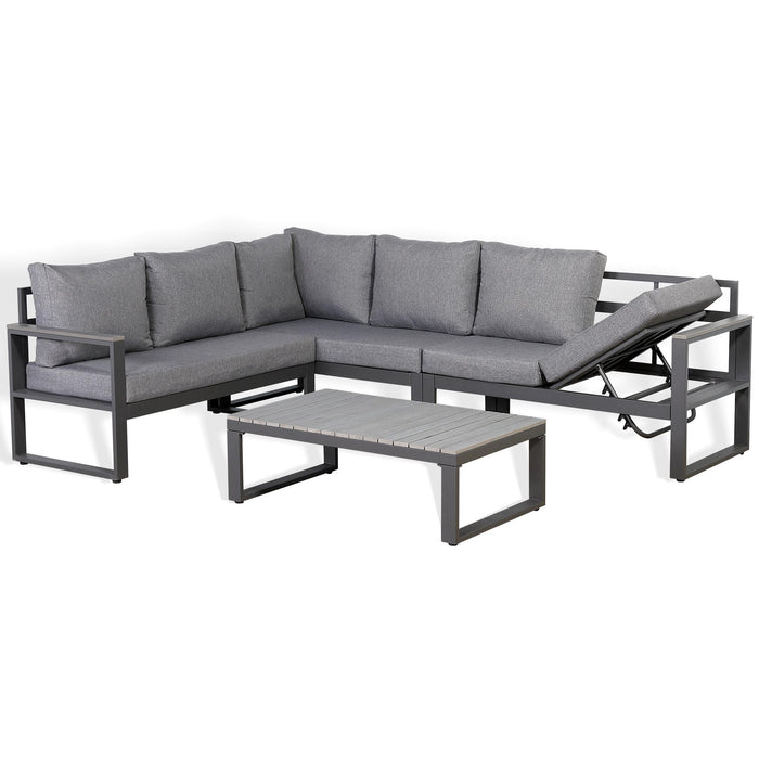 Dune Left-Hand Corner Sofa Set – Charcoal Powder-Coated Aluminium Frame with Grey Cushions | 6-Seater - Abode Avenue