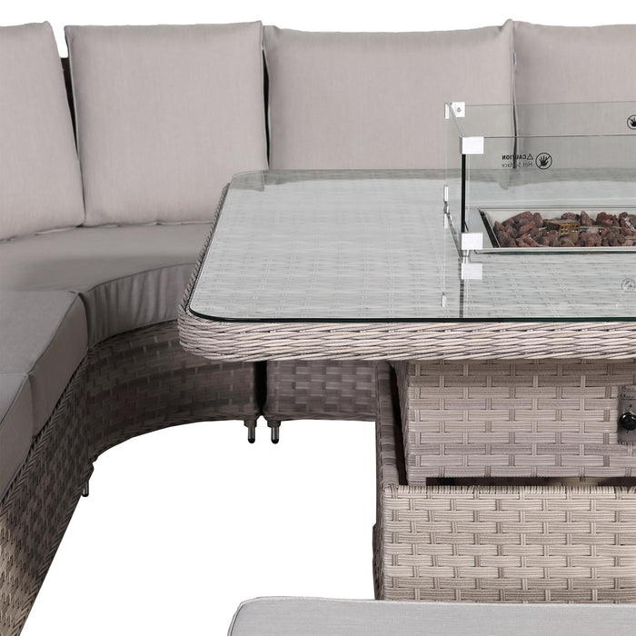 Havana Range Round Corner Outdoor Sofa Set with Fire Pit Rising Table – Modular Rattan Garden Furniture