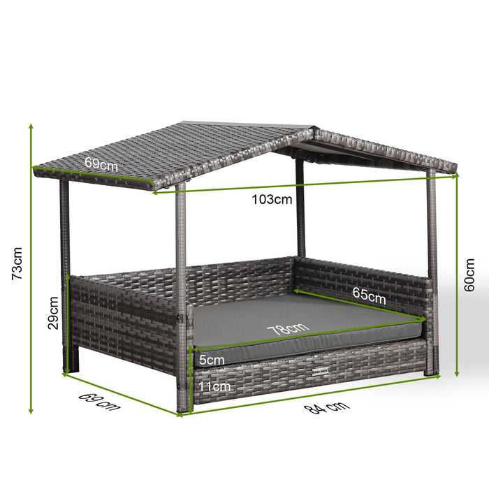 Bax Mice Grey Rattan Raised Dog House — Removable Roof & Waterproof Cushion (S/M/L) | Indoor & Outdoor Pet Bed - Abode Avenue