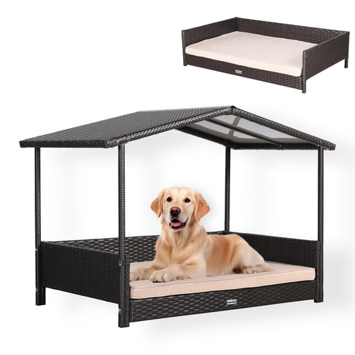 Bax Mice Brown Rattan Raised Dog House — Removable Roof & Waterproof Cushion (S/M/L) | Indoor & Outdoor Pet Bed - Abode Avenue