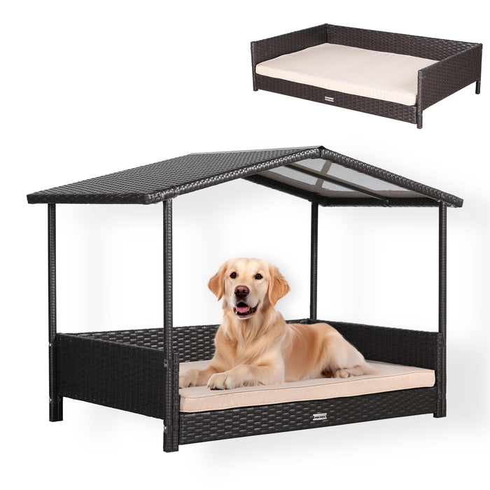 Bax Mice Brown Rattan Raised Dog House — Removable Roof & Waterproof Cushion (S/M/L) | Indoor & Outdoor Pet Bed - Abode Avenue