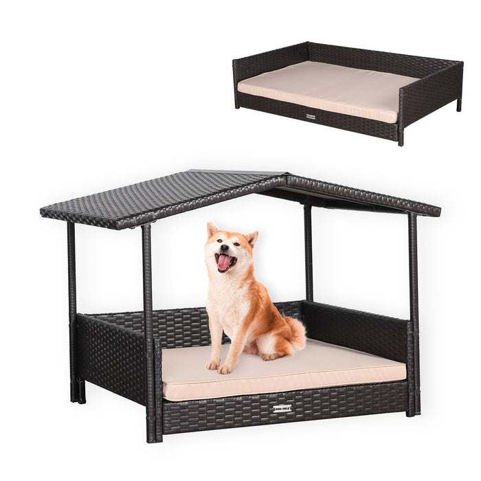 Bax Mice Brown Rattan Raised Dog House — Removable Roof & Waterproof Cushion (S/M/L) | Indoor & Outdoor Pet Bed - Abode Avenue