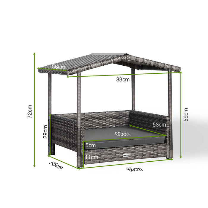 Bax Mice Grey Rattan Raised Dog House — Removable Roof & Waterproof Cushion (S/M/L) | Indoor & Outdoor Pet Bed - Abode Avenue