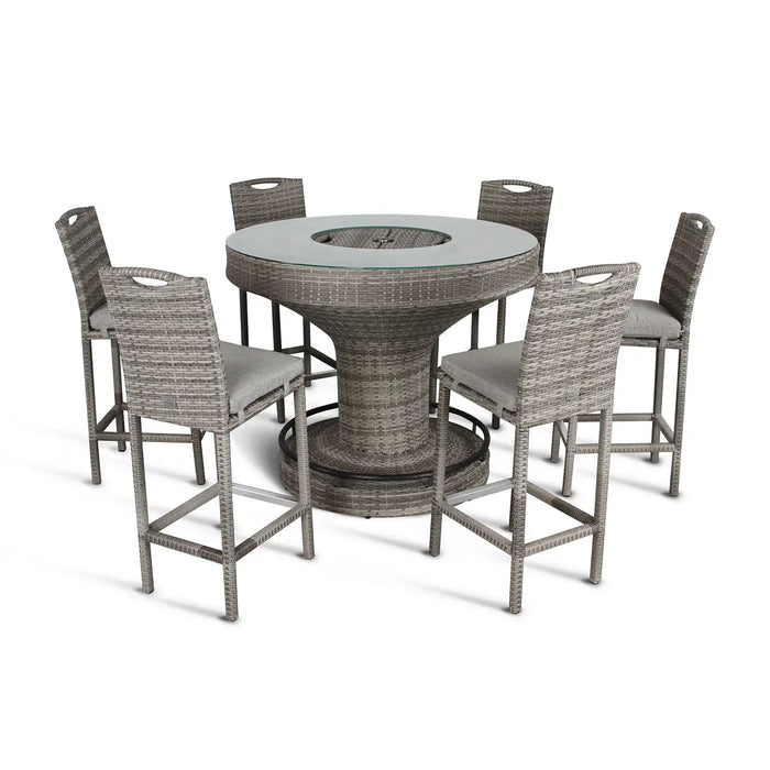 Cambridge Aluminium Frame Round Bar Set – Stone Browne Grey PE Rattan, 6-Seater with Ice Bucket & Parasol Hole - Abode Avenue