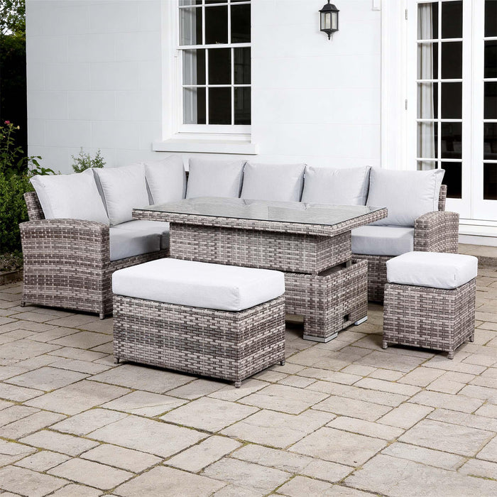 Sloane Range Left Hand Corner Sofa Set with Rising Table in Beige Grey OR Dark Grey OR Light Grey OR Rustic Grey Rattan Weave - Abode Avenue