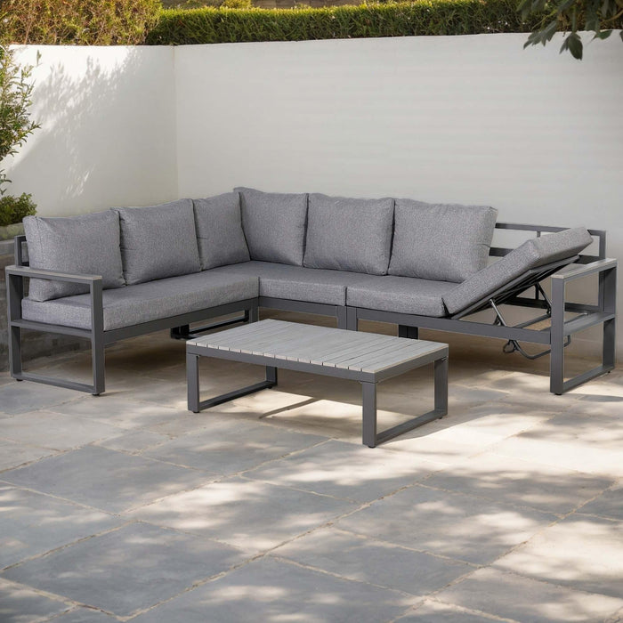 Dune Left-Hand Corner Sofa Set – Charcoal Powder-Coated Aluminium Frame with Grey Cushions | 6-Seater - Abode Avenue